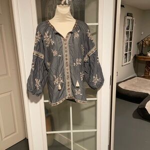 Johnny Was Gray Embroidered Blouse